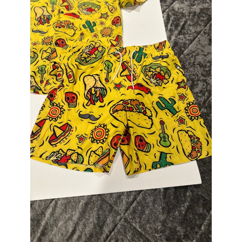 Mexican Food Print Top/Short Set Men's Size Medium Yellow EUC - Picture 5 of 11